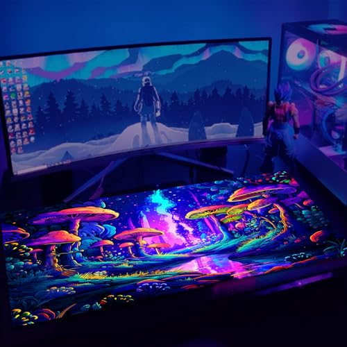 Mushroom Forest Gaming Mouse Pad, Blacklight Fantasy Tree Plants Waterproof Large Mouse Mat, 31.5" x 11.8" Glowing Extended Non-Slip Rubber Base, Office & Home Keyboard Pad - color: Mushroom Tree
