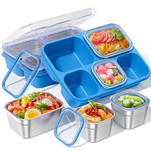BiuLeon Snackle Box Containers, Stainless Steel 5 Compartments Divided Serving Tray with Lid, Removable LeakProof Portable Bento Box for Fruit Candy Nuts Food - School, Picnic and Travel（Blue） - color: Blue
