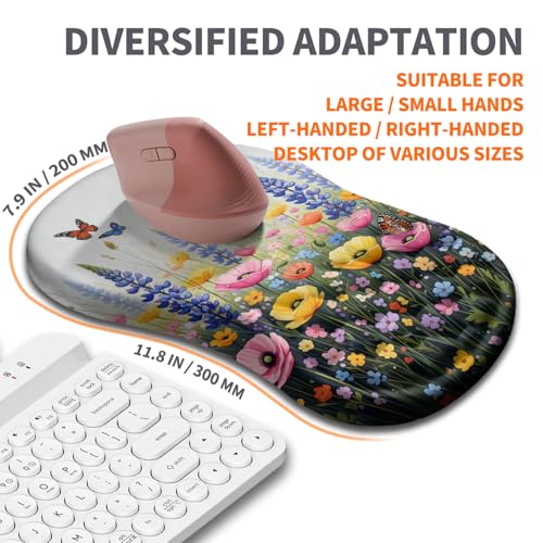 Ergonomic Joint Wrist Support Mouse Pad with Memory Foam Cushion Massage Bump, Carpal Tunnel Pain Relief Mousepad Slope Design for Wrist Rest, 11.8x7.9 in, Wild Flower - color: Wild Flower