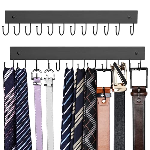 Belt Hanger Wall Mounted, Wooden Belt Organizer 2 Pack Max 24 Storage Capacity, 180° Rotating Space Saving Hangers for Ties, Tank Tops, Scarves, Bras, Keys, Bags Black - color: Black, size: 2 Pack-Belt