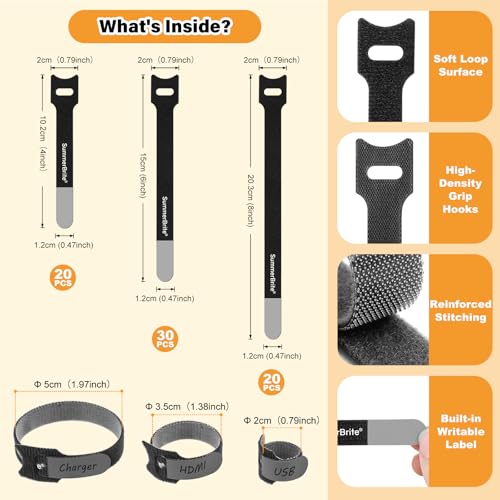 SummerBrite 70 Pack Black Cable Ties Assorted Sizes (4, 6, 8 Inch) with Writable Labels, Reusable Cord Organizer Straps, Hook & Loop Wire Management for PC Desk Setup, Home Office & Electronics - color: Black, size: 4IN+6IN+8IN