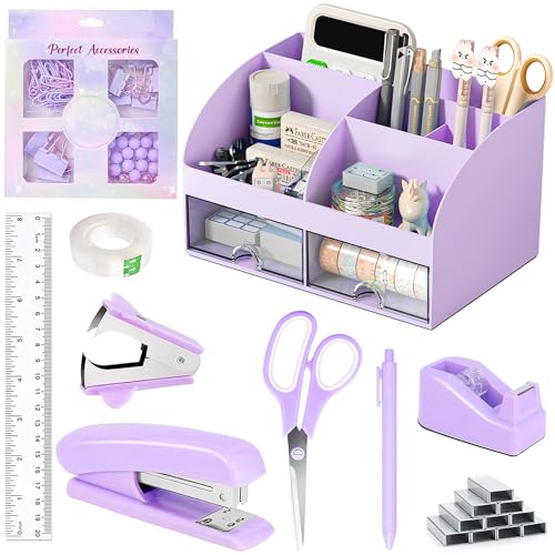 COMFYROOM Desk Accessories with Pen Holder, Office Supplies Desk Organizers and Accessories, Tape Dispenser, Stapler, Staple Remover, Staples, Clips Set, Ruler, Scissor, Pen, Tape (Purple) - color: Desk Accessories Office Supplies-Purple