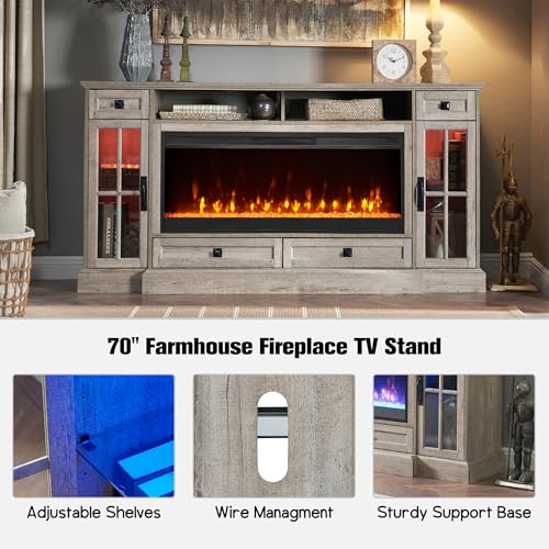 RedLemon Farmhouse Fireplace TV Stand for 80 Inch TV, 36" Tall Entertainment Center with 42" Crystal Eletric Fireplace, Modern Media Console Table with LED Lights for Living Room, Light Rustic Oak - color: Light Rustic Oak