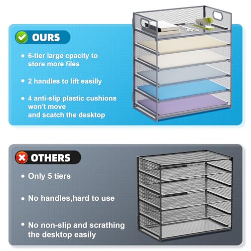 Marbrasse 6 Tier Paper Organizer Letter Tray - Mesh Desk File Organizer with Handle, Paper Sorter for Letter/A4 Office File Folder Holder - Grey - color: 6 Tier - Grey