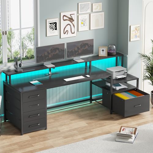 SEDETA Computer Desk with 5 Drawer, Power Outlet & Led Lights, 66'' Home Office Desk with File Drawer, Storage, Monitor Shelf, Gaming Desk, Black - color: Black With Led Lights, size: 67X18.5inch