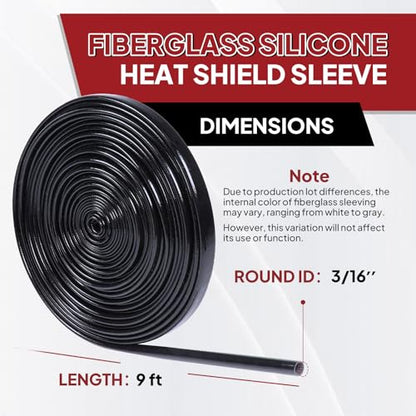 Silicone Fiberglass Sleeve Heat Shield Wire Protective High Temperature Electrical Insulation Self-extinguishing Black (3/16"- 9ft) - style: 3/16"- 9ft