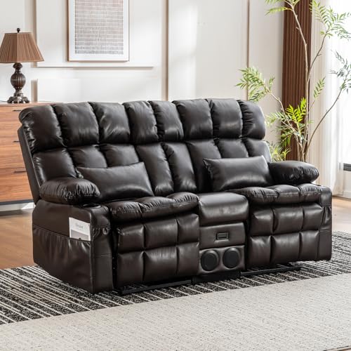 Loveseat Recliner Sofa with Massage & Heat, Flip Backrest, Reclining Home Theater Seating with Console, RV Couch Sofa with Bluetooth Speaker, USB/Outlet/Storage/Cup Holder/Side Pocket, Brown - color: Brown, size: Loveseat with Console