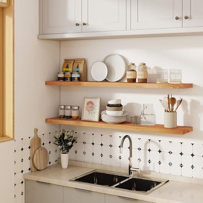 Flat Edge Elm Wood Floating Shelf with Invisible Bracket 55”Natural - color: Natural, size: 55”,set of 1