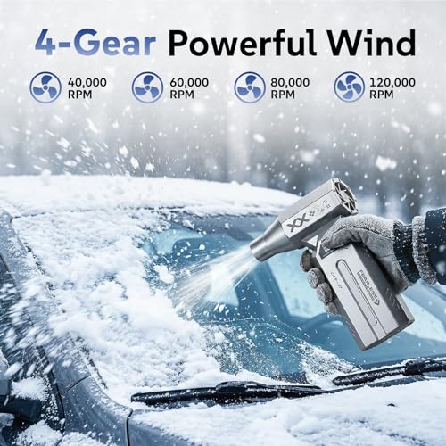 Compressed Air Duster, 120000RPM Cordless Electric Air Duster with LED Light, 4-Speed Rechargeable Air Blower with 4 Nozzles & 2 Brushes for Keyboard, PC, Car, Home and Tight-Space Cleaning