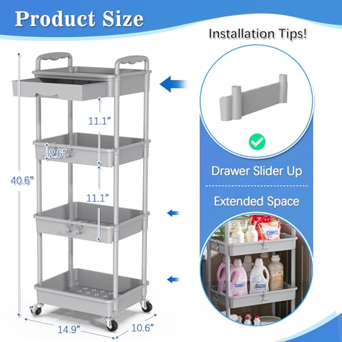 SUNALLY 4 Tier Rolling Utility Cart with Drawer, Storage Organizer Cart with 2 Lockable Wheels, Multifunctional Rolling Storage Cart for Bathroom, Kitchen, Craft, Makeup, Baby Essentials, Gray - color: Gray, size: 4 Tier