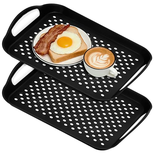 Non Slip Lap Trays with Handles, Set of 2 Food Trays for Eating on Couch, Dishwasher Safe Rectangular Serving Trays for Dinner, Breakfast & Snacks (Black) - color: Black