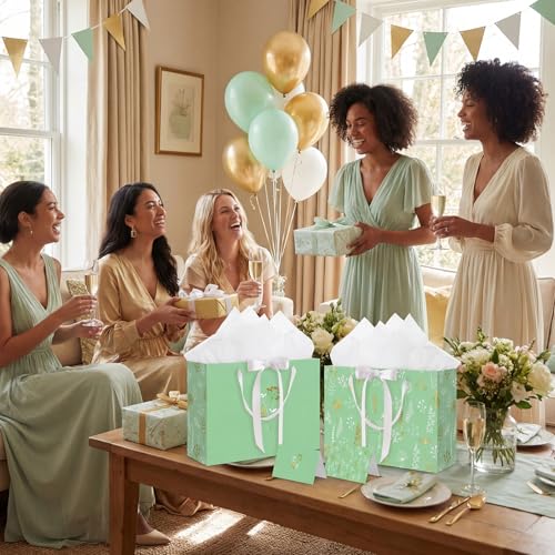 woric 13.7" Sage Green Gift Bags for Women, 2 Pcs Gift Bag with Handles | 2 Pcs Bag with Tissue Paper & Cards, Wedding Bridal Shower, Birthday Baby Showers, Special Occasions - color: Sage green