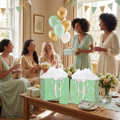 woric 13.7" Sage Green Gift Bags for Women, 2 Pcs Gift Bag with Handles | 2 Pcs Bag with Tissue Paper & Cards, Wedding Bridal Shower, Birthday Baby Showers, Special Occasions - color: Sage green