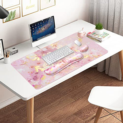 Large Mouse Pad and Keyboard Wrist Rest, Desk Pad for Keyboard and Mouse, 4-in-1 Large Gaming Mouse Pad with Wrist Support, Non-Slip Desk Mat for Home Office Study Game-Pink Gold Marble - color: Pink Gold Marble