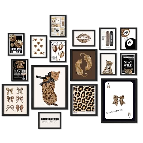 ANERZA 16 PCS Framed Leopard Wall Art Decor, Cheetah Wall Prints for Bedroom, Preppy Gallery Wall Frame Set, Trendy Posters for Living Room Aesthetic, Funky Collage Kit, Dorm Artwork - color: Brown, size: 12"x15" Framed