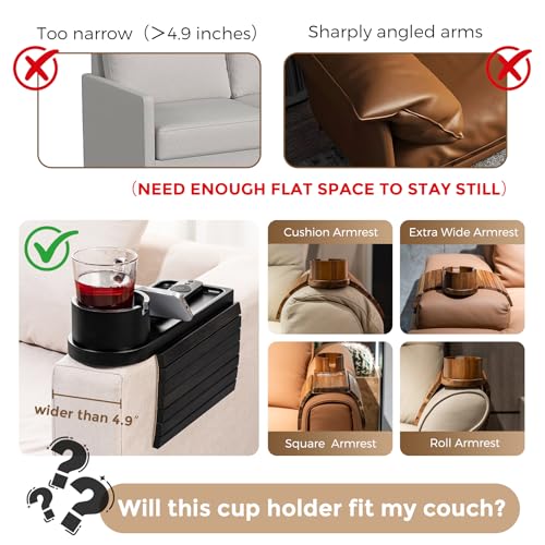 Couch Cup Holder Tray for Armrests Over 4.9" Wide, Bamboo Couch Arm Tray with 360° Rotating Phone Stand, 3 in 1 Foldable Sofa Arm Tray Table for Remote, Snacks, Phone, Drinks Black - color: Black+bamboo