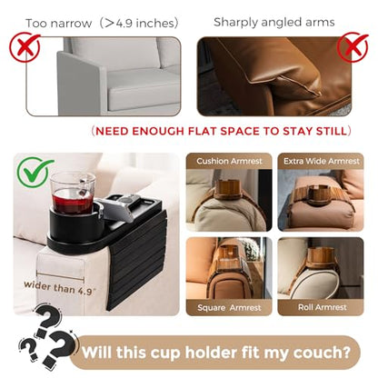 Couch Cup Holder Tray for Armrests Over 4.9" Wide, Bamboo Couch Arm Tray with 360° Rotating Phone Stand, 3 in 1 Foldable Sofa Arm Tray Table for Remote, Snacks, Phone, Drinks Black - color: Black+bamboo