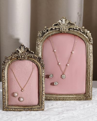 Wonderjune 2 Pcs Gold Jewelry Display Frame Vintage Jewelry Stand 10″, 7″ Resin Necklace Organizer Ring Holder Earring Tray for Photography Props Women Wedding Gifts(Pink,Large,Small,Elegant) - color: Pink, size: Large,Small, style: Elegant