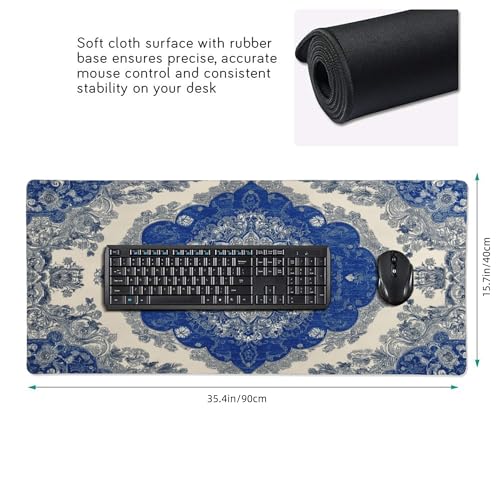 Extended Mouse Pad, Persian Rug Design, Blue and Beige, 35.4x15.7 Inches, Rubber Base with Stitched Edges, Gaming Keyboard Desk Mat - color: Blue Carpet