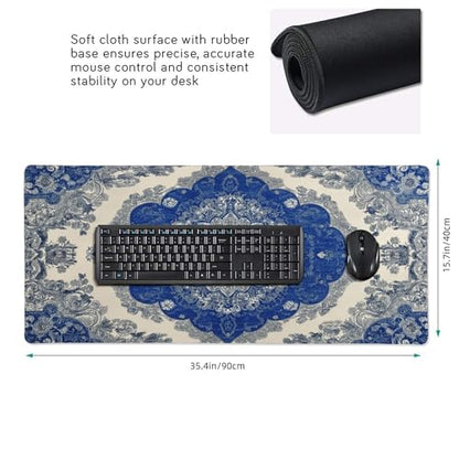 Extended Mouse Pad, Persian Rug Design, Blue and Beige, 35.4x15.7 Inches, Rubber Base with Stitched Edges, Gaming Keyboard Desk Mat - color: Blue Carpet