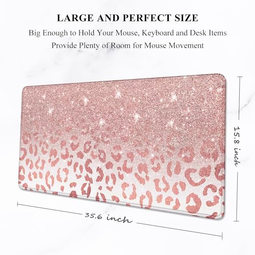 Auhoahsil Large Mouse Pad, XXL Desk Pad, Extened 35" x 15", Non-Slip Rubber Base, Stitched Edges, Superior Surface, Waterproof Keyboard Mat, Large Mousepad for Gamer, Office & Home, Pink Gold Leopard - color: 10 Pink Gold Leopard, size: XXL - Extended siz