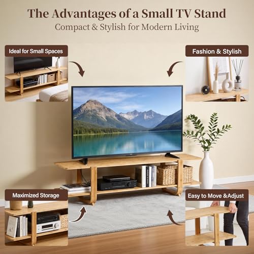 Tiita Bamboo TV Stand for 55 Inch TV, Entertainment Center with 2 Open Shelf, Mid Century Modern Media Console for Living Room, Bedroom, Wood - color: Wood