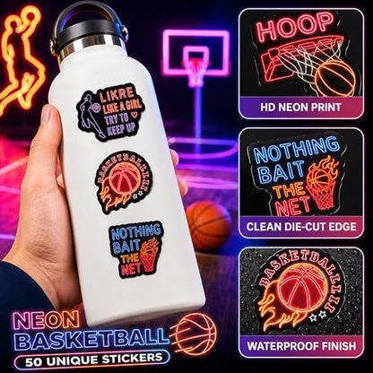 DETICKERS Neon Basketball Stickers for Basketball Fans Boys Water Bottles 50 PCS Waterproof Vinyl Sports Stickers Team Gifts - style: Neon Basketball