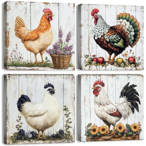 Farmhouse Chicken Kitchen Decor Vintage Farm Rooster Painting Wall Art for Dining Room Country Chicken Coop Signs Wall Decor Home Decorations Rural Cottage Animals Canvas Artwork for Bathroom 12x12"4Pcs - color: Chicken, size: 12 x 12 in