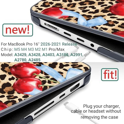 DONGKE Compatible with MacBook Pro 16 Inch Case (2026-2021 Release, M5 M4 M3 M2 M1 Pro/Max Chip), Plastic Hard Shell Cover with Keyboard Cover & Screen Protector for MacBook Pro 16", Leopard & Cherry - color: Leopard & Cherry