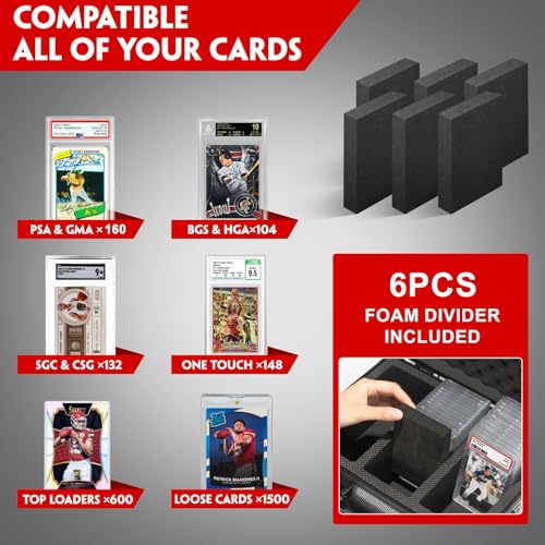 Graded Card Storage Box, 4 Row Black Hard Slab Case Trading Card Holder | Super load-bearing aluminum case,Fits 160 PSA/BGS/SGC graded cards Features lock, 6 foam dividers & shoulder strap