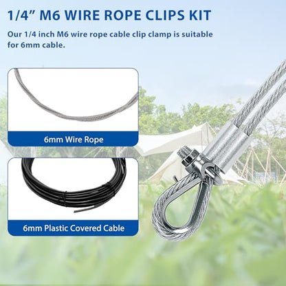 30PCS 1/4 Inches M6 Stainless Steel Wire Rope Cable Clip Clamp & M6 Thimble & M6 Aluminum Crimping Loop Sleeve (3 Styles 10PCS Each), Cable Clamp Fasteners for 1/8"-1/4" Wire Cable for Outdoors - size: 30pcs-M6(4mm-5mm)