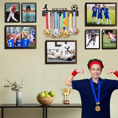 Resama Medal Hanger Holder Display Wall Rack Frame Shelf-Medal Hanger Awards Ribbon Soccer,Gymnastics,Holder Display Rack for 60 Medals - color: Soccer