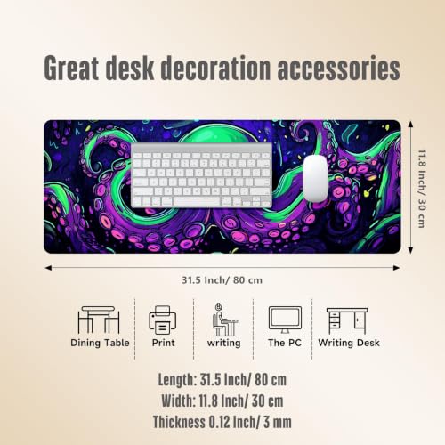 Extended Gaming Mouse Pad, Large Mouse Mat 3 mm Nature Rubber Base Mousepad with Stitched Edges, Non-Slip Desk Mat for Office Home Great Gift 31.5x11.8 Inch (Dark Octopus) - color: Dark Octopus
