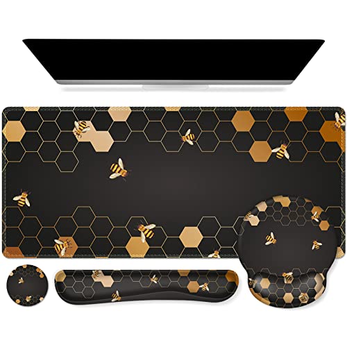 iCasso Desk Mat, Gaming Mouse Pad Wrist Support Set,4in1 XXL Large Mousepad + Keyboard Wrist Rest+Mouse Wrist Rest+Coaster Set with Ergonomic Design for Home Office Table Computer-Honeycomb - color: Honeycomb