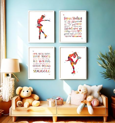 Inspirational Watercolor Ice Skater Girl Figure Skating Illustration Art Print Set for Girl's Bedroom Empowerment, Winter Sports Locker Team Boost, Young Spinner Surprises, Team Captain Honors, Coach Appreciation, Birthday Gifts - 8x10 Unframed Print Set