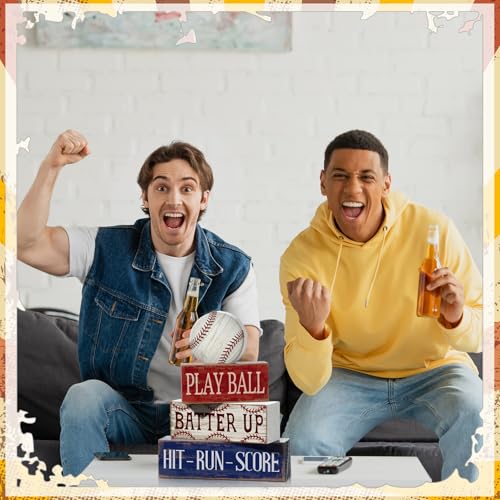Yuntau 4 Pcs Baseball Decorations Sport Stacked Wooden Sign Baseball Centerpieces for Tables Tiered Tray Decor Decorative Block Sign for Summer Nights Boys Room Shelf Fans Coffee Gifts - style: Baseball