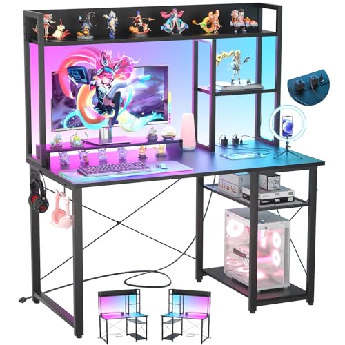 Cyclysio Gaming Desk with Hutch, 39'' Computer Desk with LED Lights & Power Outlets, Home Office Desk with Reversible 5 Tiers Storage Shelves & Monitor Stand, Small Gaming Table for Small Space, Black - color: Black, size: 39 inch