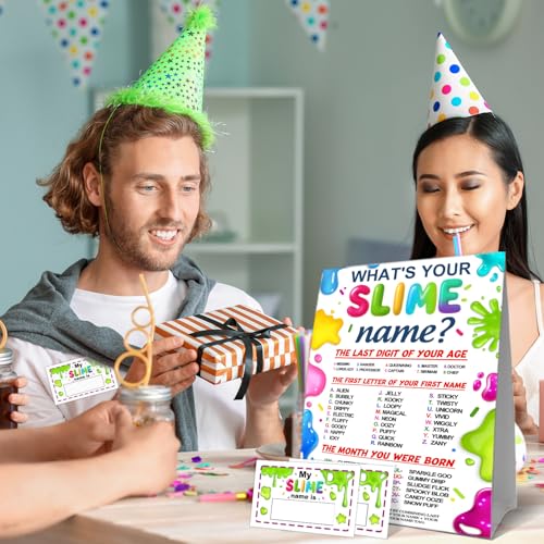 Birthday Party Activity Card Set, Fun Theme Party Decor with Name Sign and Decorative Stickers, Guest Interaction Table Decor for Adult Birthday Celebrations - style: Slimes