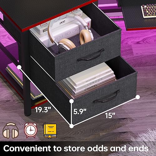 SEDETA 79" Gaming Desk, Computer Desk with 2 Fabric Drawers & LED Light, L Shaped Gaming Desk with Storage Shelf for Home Office, Carbon Fiber Black&Red - color: Carbon Fiber Black&red