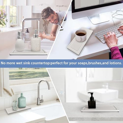 2 PCS Fast-Drying Stone Trays for Bathroom Sink & Kitchen Counter, Water Absorbing Diatomite Sink Coasters, Vanity Tray, Hand Soap Holder with Anti-Skid Pads (11" x 4.7" White) - color: 11" X 4.7" White