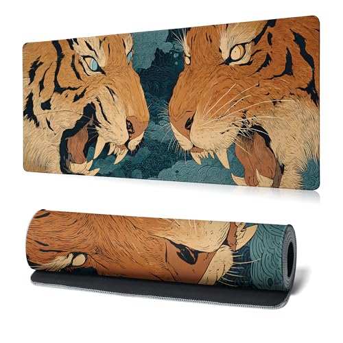 Tiger Gaming Mouse Pad Abstract Yellow Mouse Pad 31.5x11.8 Inch Fierce Claws and Teeth Non-Slip Rubber Base Large Mousepad Stitched Edges Keyboard Mouse Mat Desk Pad for Office and Home - color: Tiger