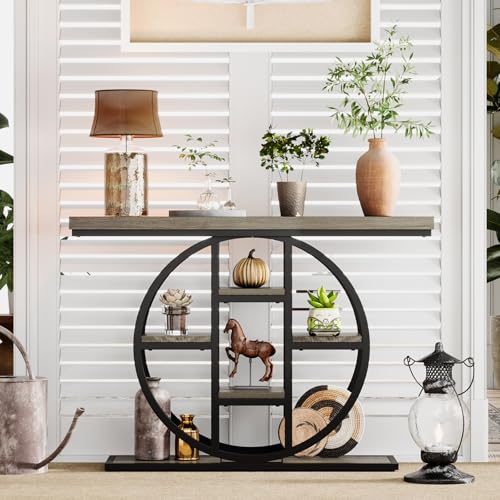 Celaform 41" Console Table, 4-Tier Entryway Table with Circle Base, Industrial Narrow Wood Sofa Accent Tables with Storage Shelves for Living Room, Hallway, Foyer (Grey) - color: Grey