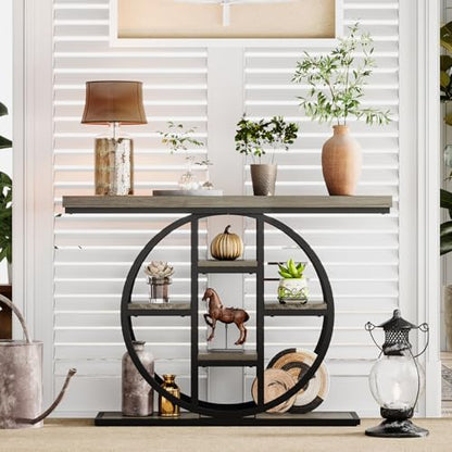 Celaform 41" Console Table, 4-Tier Entryway Table with Circle Base, Industrial Narrow Wood Sofa Accent Tables with Storage Shelves for Living Room, Hallway, Foyer (Grey) - color: Grey