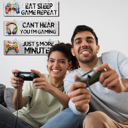 Hatzelou 3Pcs Game Wall Art Wooden Sign, Little Man Cave Sign Hanging, Game Hanging Wall Art Decor Sign, Gamer Wall Plaques Decor for Boys Kids Bedroom Playroom Nursery - size: 3pcs-eat
