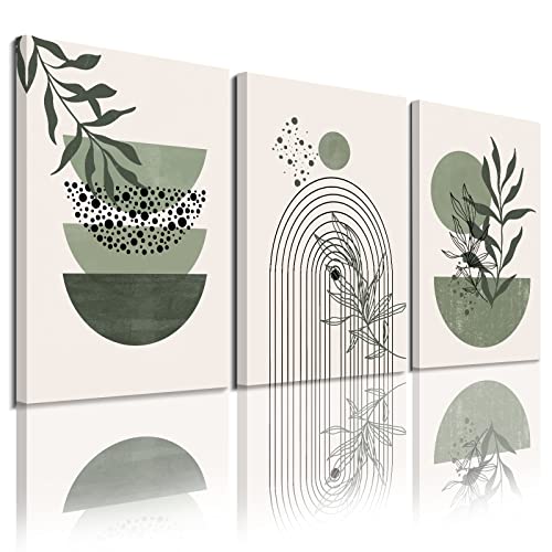 Sage Green Wall Posters & Prints, Green Boho Wall Art Set of 3, Minimalist Framed Wall Art Geometric Line Leaf Sun Moon Beige Green Canvas Artwork Paintings - color: Green Boho Prints, size: 12x16inchx3pcs