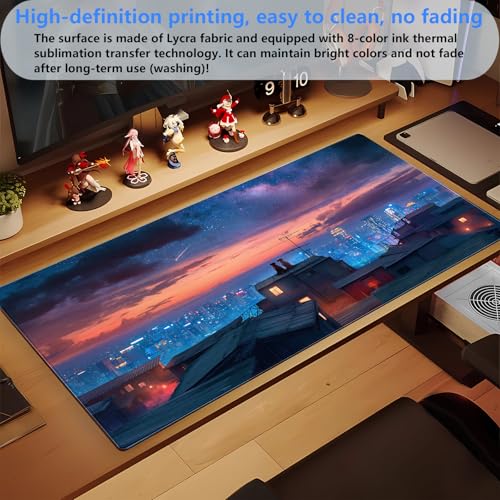 Extended Gaming Mouse Pad XL, Anime Desk Mat 31.5x15.7 in, Non-Slip Base | Ultra-smooth large mousepad featuring a cozy anime city night design. Perfect for mechanical keyboards and optical mice. - color: City starry night view