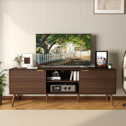 TV Stand for Living Room to 55/60/65/70 Inches, Mid Century Modern TV Consoles with Power Outlet, Entertainment Center with Door Cabinets and Open Shelves for Living Room, Bedroom, Walnut