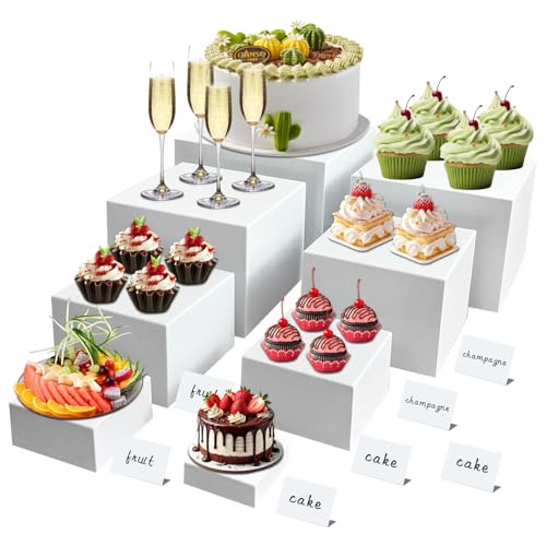 8 pcs white Acrylic Buffet Risers ，Buffet Risers Set，Mini Acrylic Signs，Nested riser with hollow bottom，Display stands for parties, restaurants, jewelry and collectibles (white, 8 pcs 3in to 10in) - color: white, size: 8 pcs 3in to 10in