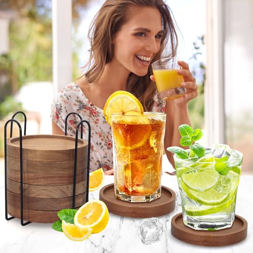 Rustic Wooden Coasters Set of 8 Farmhouse Coffee Table Decor Acacia Wood Drink Coaster with Holder Modern Outdoor Bar Cool Cup Costers Kitchen Accessories Decoration Home Dining Coasters Gift - style: 8 Pcs