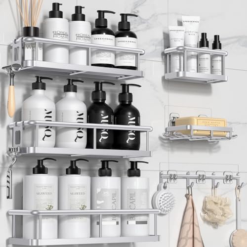YASONIC Shower Caddy Adhesive, Rustproof Shower Organizer with Soap Holder, Large Capacity Shower Shelves for Inside Shower, No Drilling Bathroom Organizers and Storage for Home Decor（6 Pack Silver） - color: Silver, size: XL